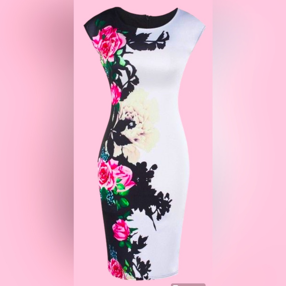 Summer floral dress bodycon wedding guest sz L M Fashion Mia pink black white